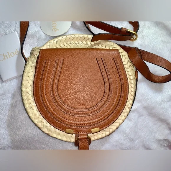 Chloe Marcie Woven Palm Round Crossbody Bag (Tan)